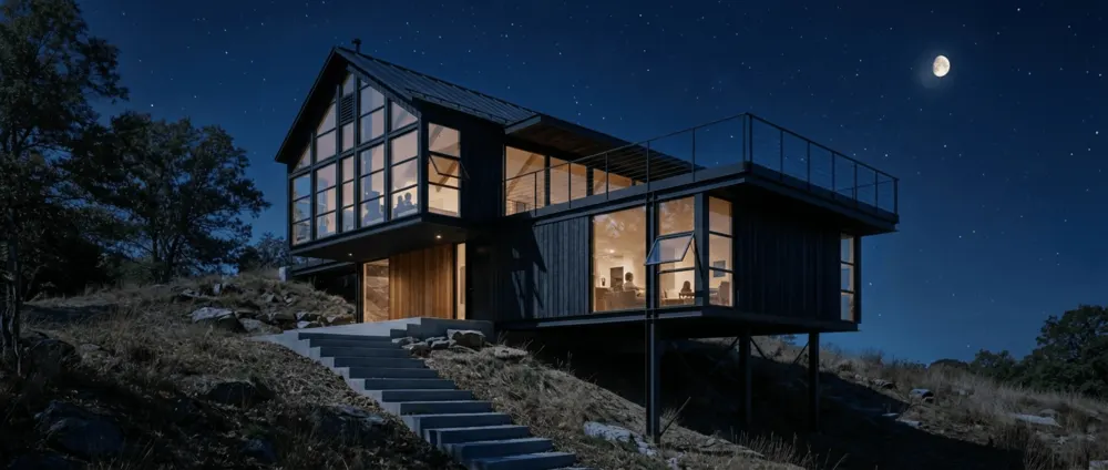 AI-generated nighttime architectural render with atmospheric lighting