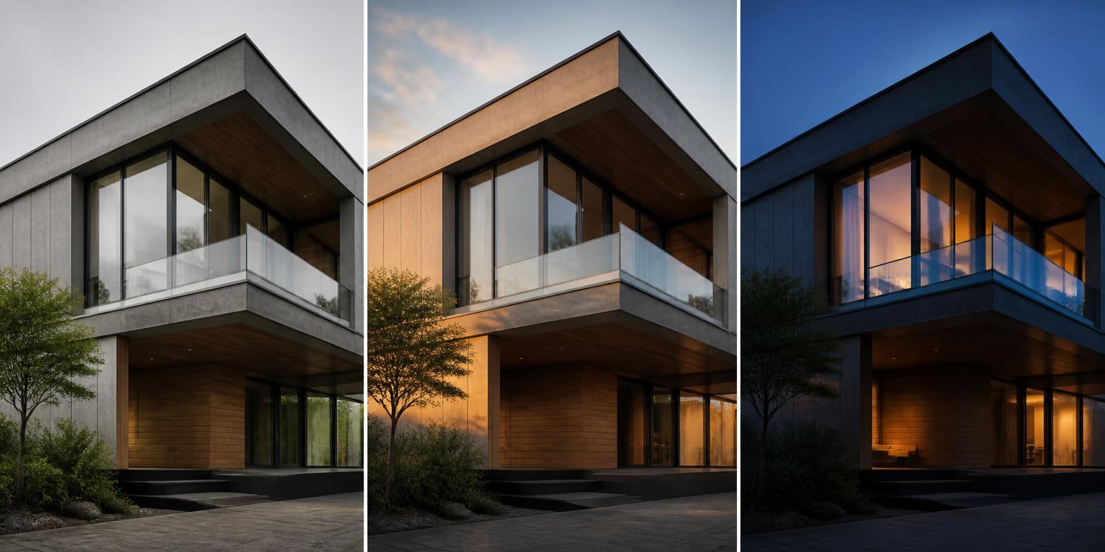 Same architectural facade rendered three ways: overcast daylight, golden hour and blue hour dusk
