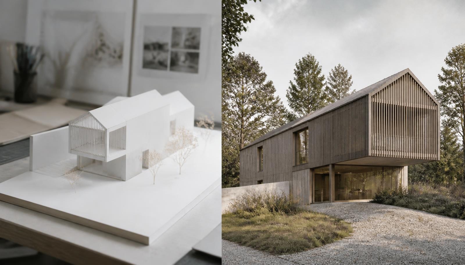White foamcore architectural study model beside its photorealistic AI render with timber cladding and landscaping
