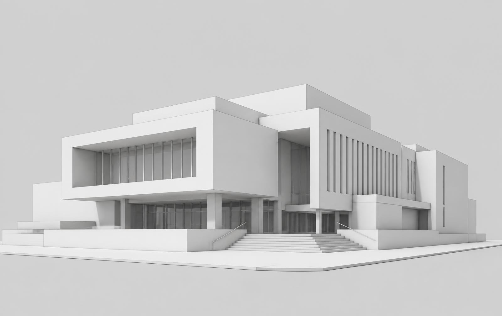 Untextured 3D massing blockout of a civic building exported from a CAD viewport in two-point perspective