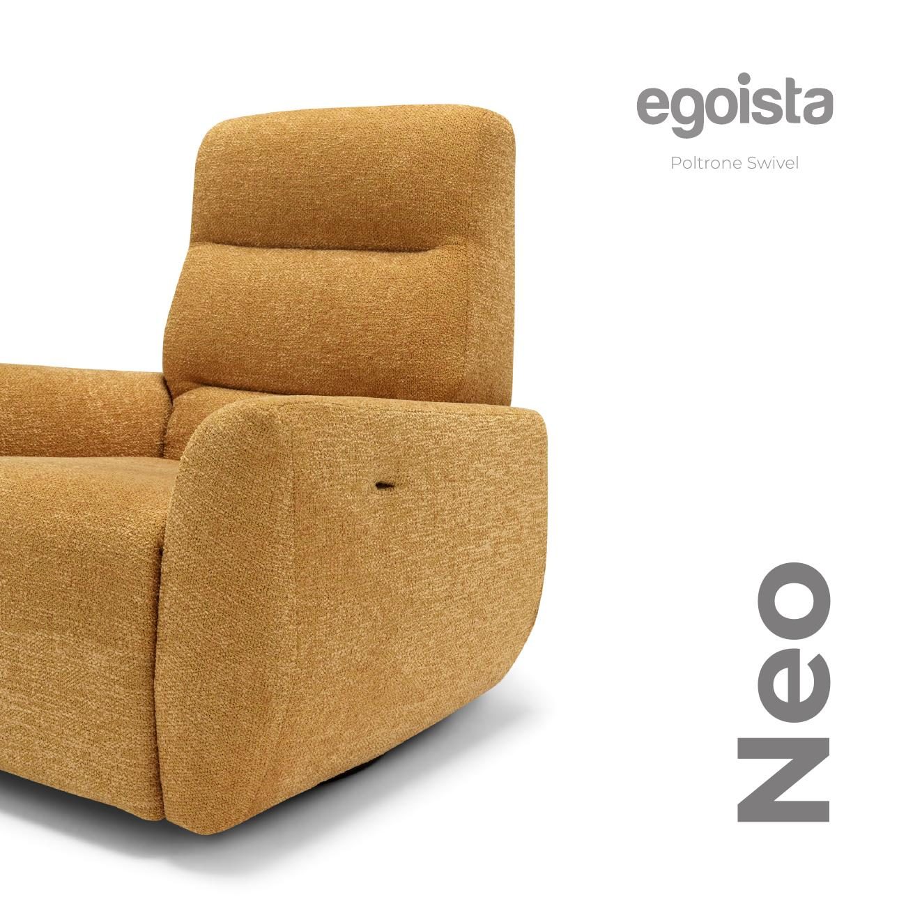 Close-up product imagery of an ochre swivel recliner from an Italian furniture catalogue
