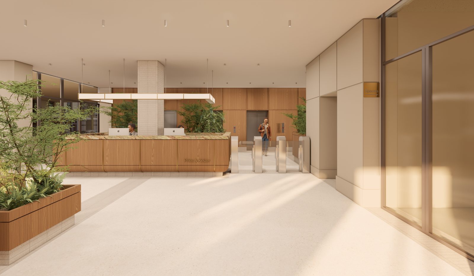 Office reception with planted beds, timber desk and daylight from full-height glazing, visualised by Ditt