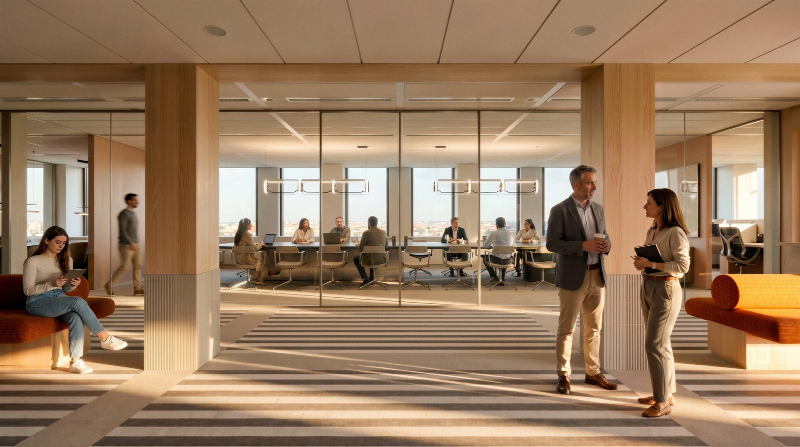 Open-plan office floor with glazed meeting rooms and occupants in conversation, visualised by Ditt