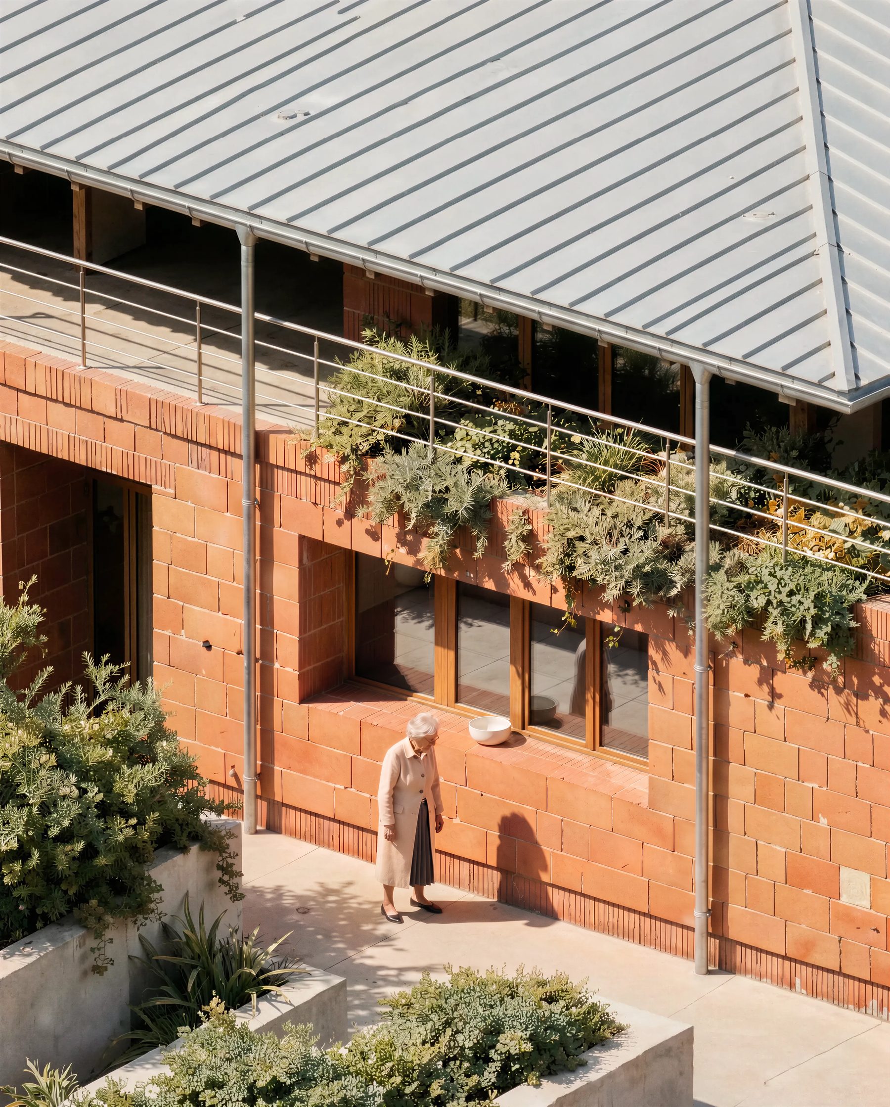 Brick facade with steel canopy and planted terraces, visualised by ESTUDIO LOCAL