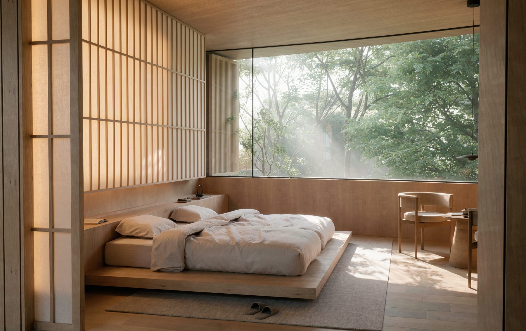 Timber-lined bedroom with a full-height opening onto planting, visualised by ESTUDIO LOCAL