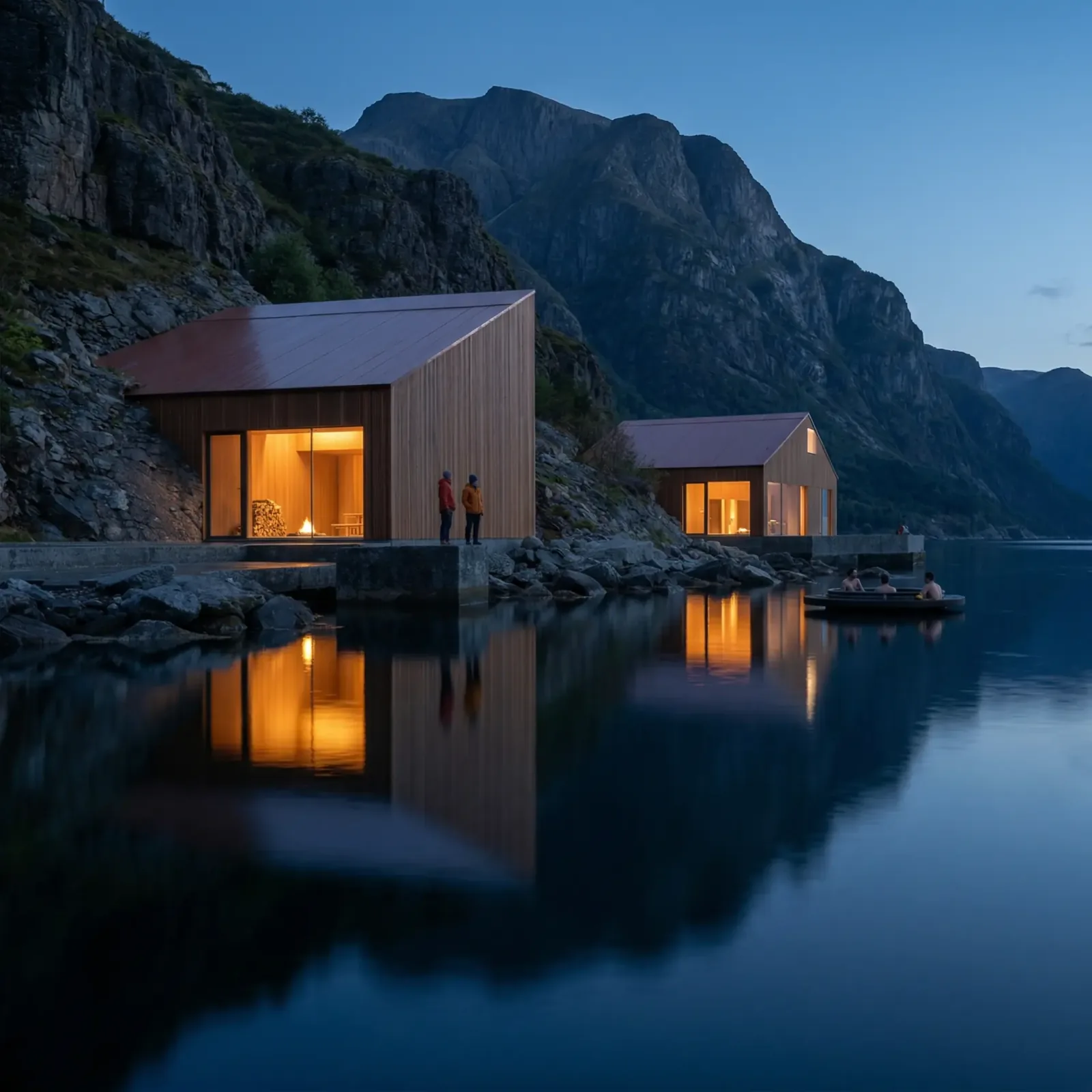 Timber structures set into the rocky shoreline at Vindstad, reflected in the still water of Kjerkfjorden at dusk