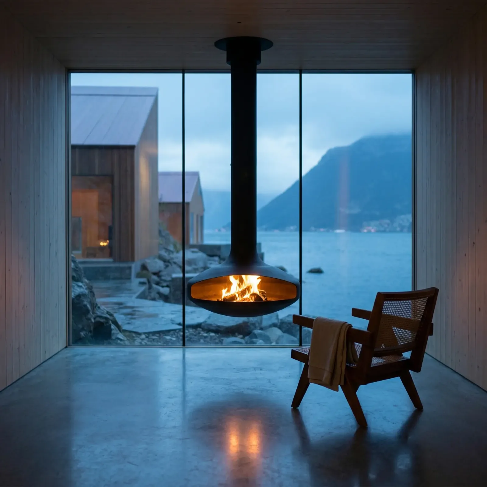 Timber-lined interior with a suspended hearth set in front of a full-height window onto the fjord