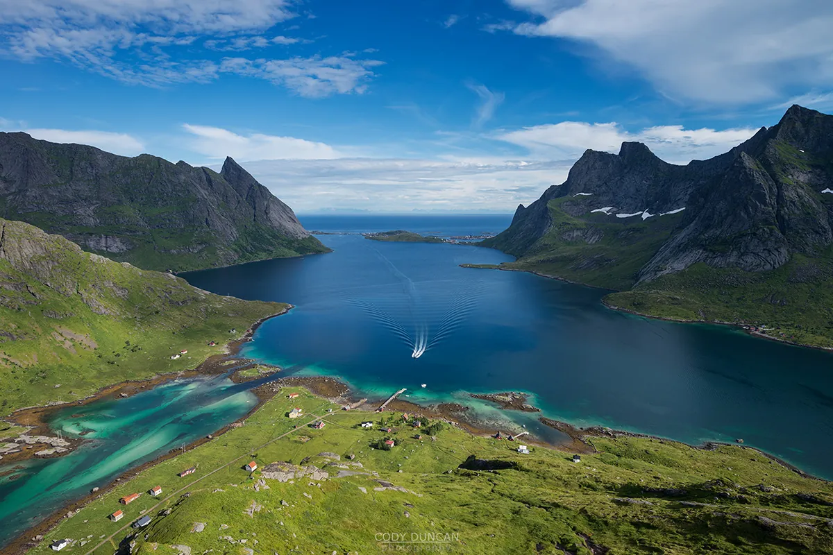 Vindstad and Kjerkfjorden seen from above in summer