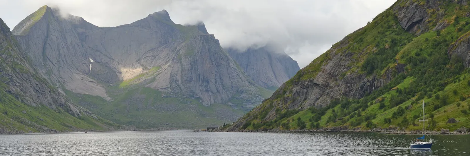 Kjerkfjorden looking towards the head of the fjord, cloud on the peaks