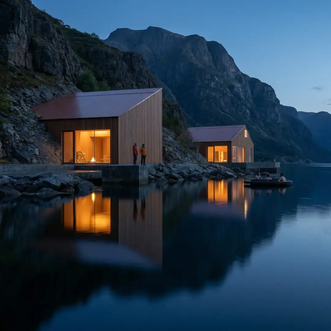 Vindstad at the head of Kjerkfjorden, Lofoten — timber structures reflected in still fjord water at dusk