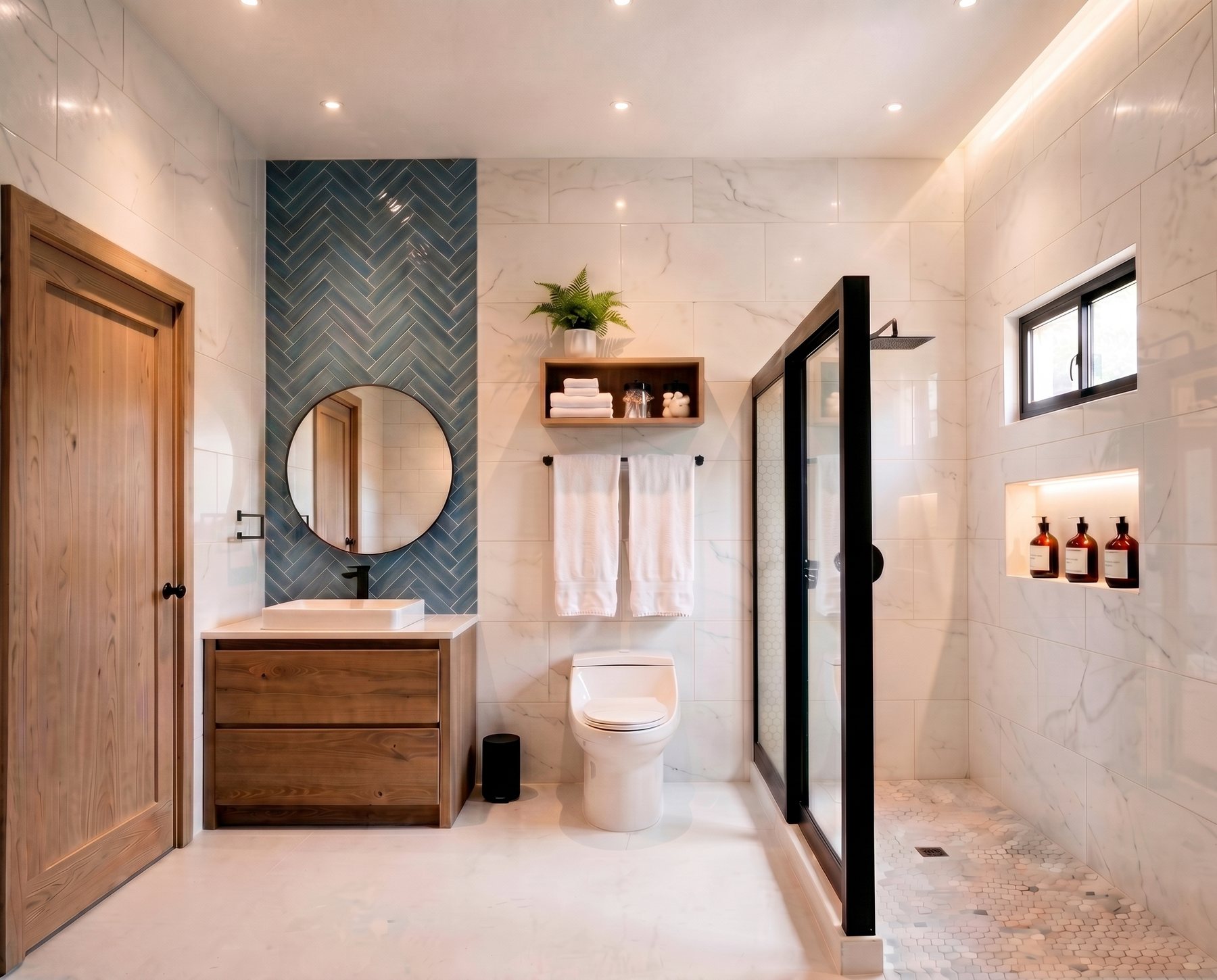 Bathroom with blue herringbone tile, timber vanity and walk-in shower, by Hernández Arquitectos