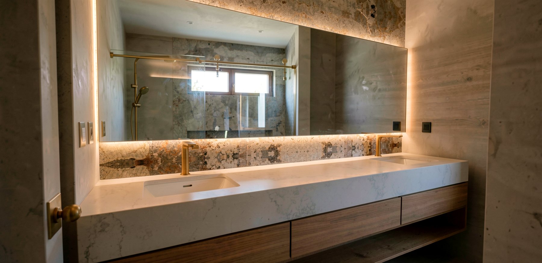 Completed bathroom with backlit stone splashback and floating stone vanity, by Hernández Arquitectos
