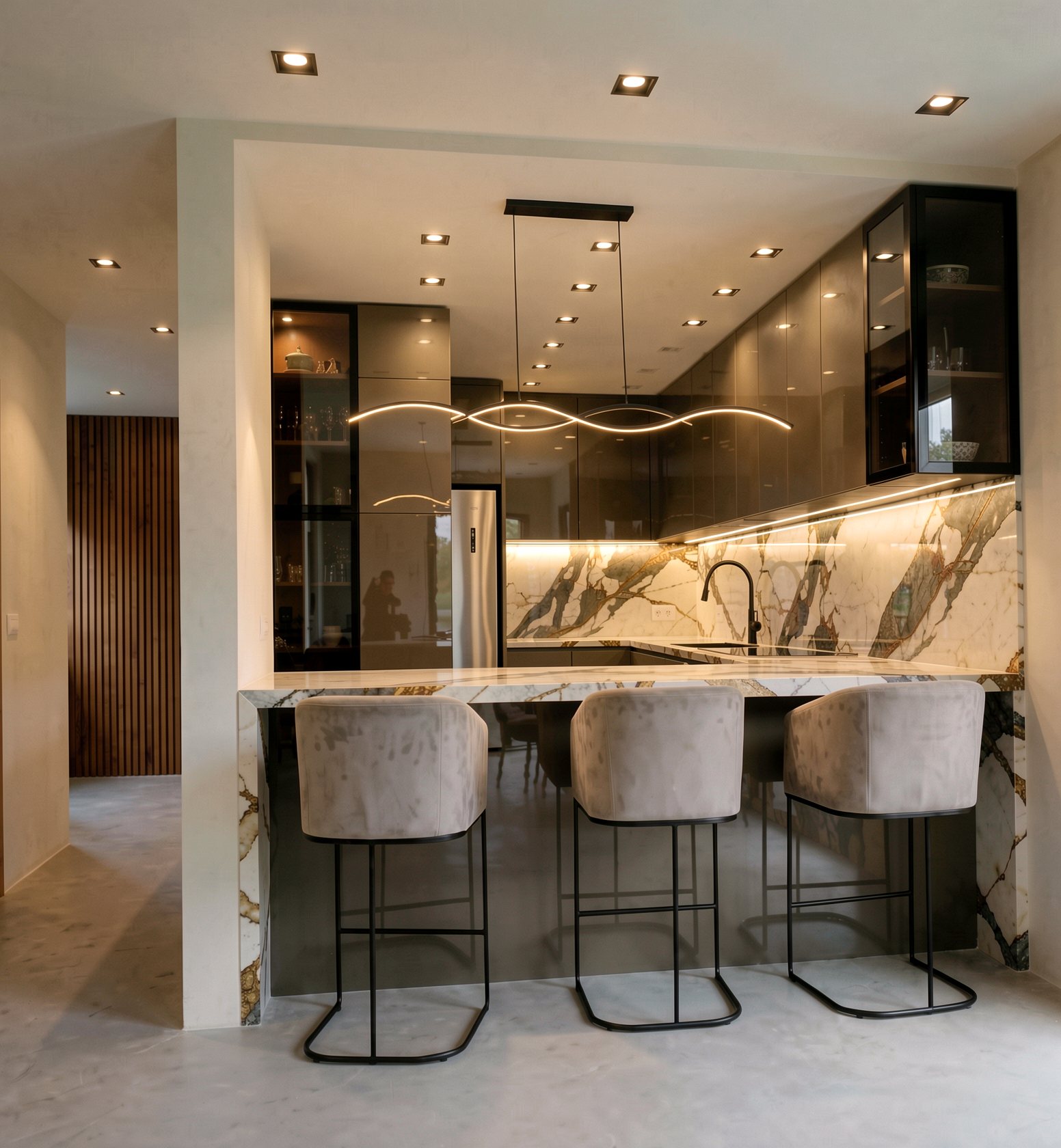 Contemporary kitchen with marble surfaces, dark gloss joinery and linear lighting, by Hernández Arquitectos