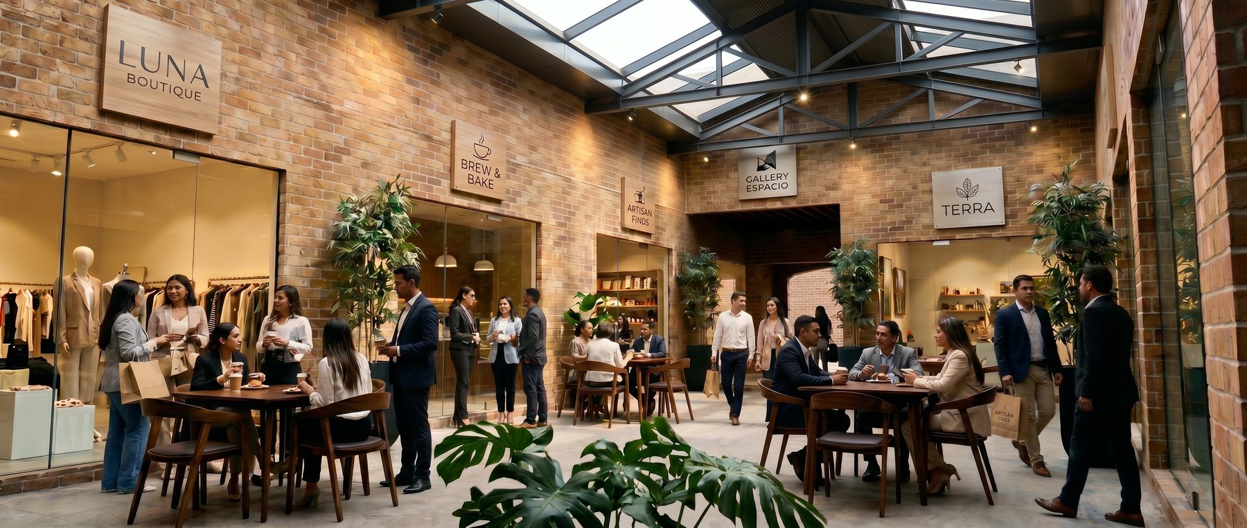 Covered retail arcade with brick walls, planting and seated visitors, visualised by Hernández Arquitectos