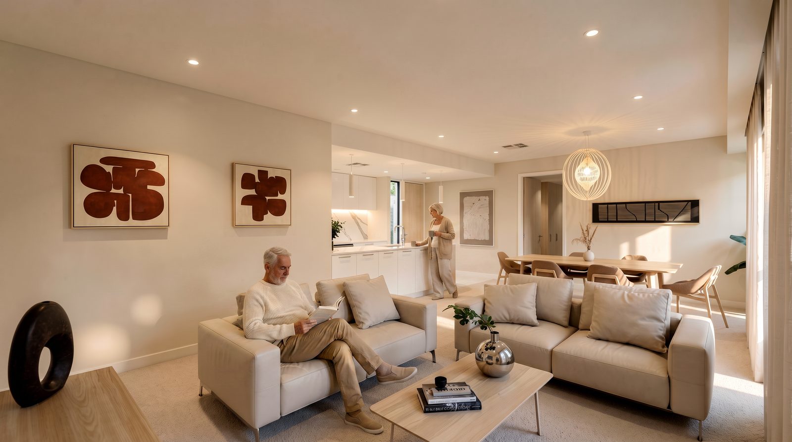 Retirement village living and dining space with residents, visualised by Jacob Design & Visualisation