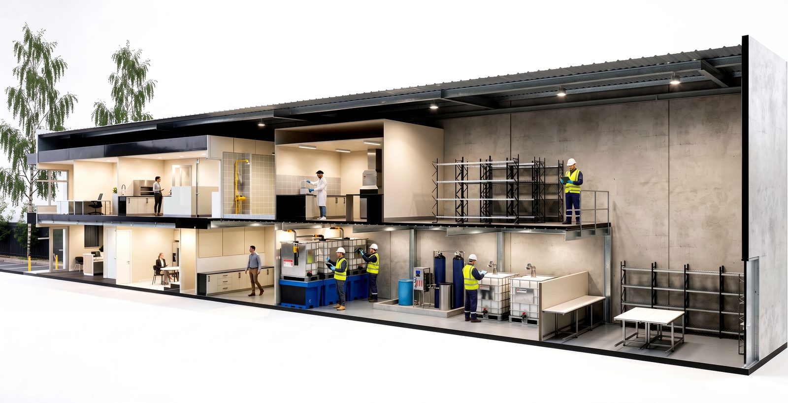 Sectional cutaway of a chemical supply facility interior, visualised by Jacob Design & Visualisation