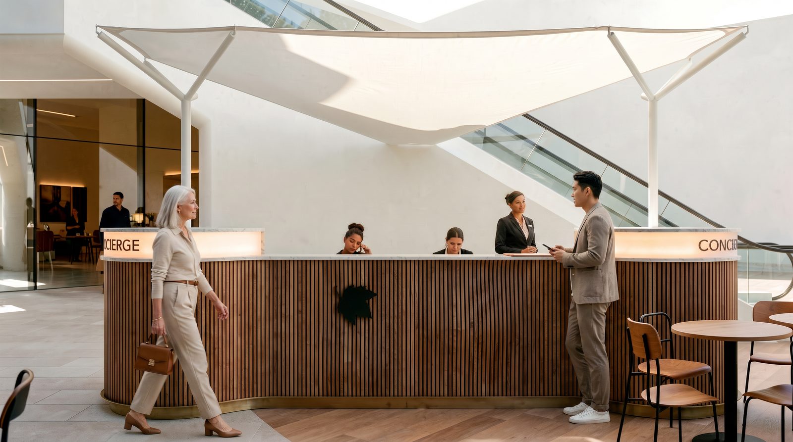 Timber-clad concierge desk under a tensile canopy with occupants, visualised by Jacob Design & Visualisation