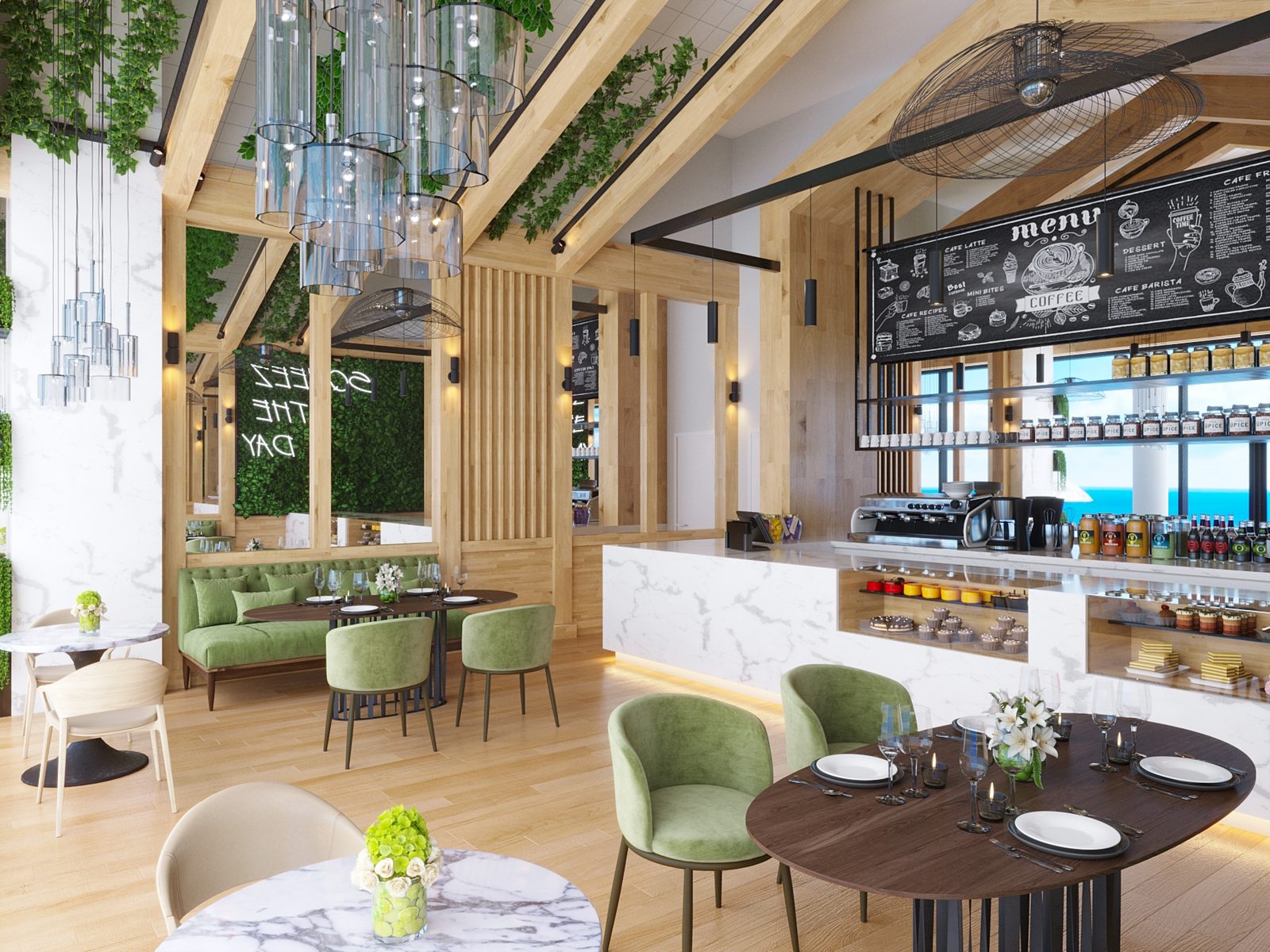 Alternative café scheme with pendant lighting and seating arrangement studied at concept stage, visualised by Kiev Design Online Studio