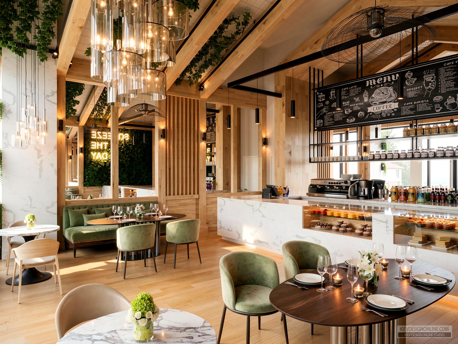 Café interior with timber slat walls, green upholstery and a marble-fronted counter, visualised by Kiev Design Online Studio