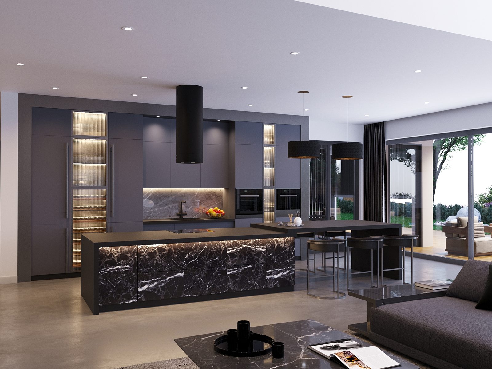 Dark open-plan kitchen and living space with marble island and integrated lighting, visualised by Kiev Design Online Studio