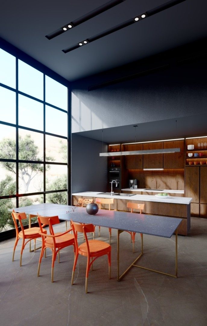 Kitchen and dining space visualised by Kyparissa Atelier