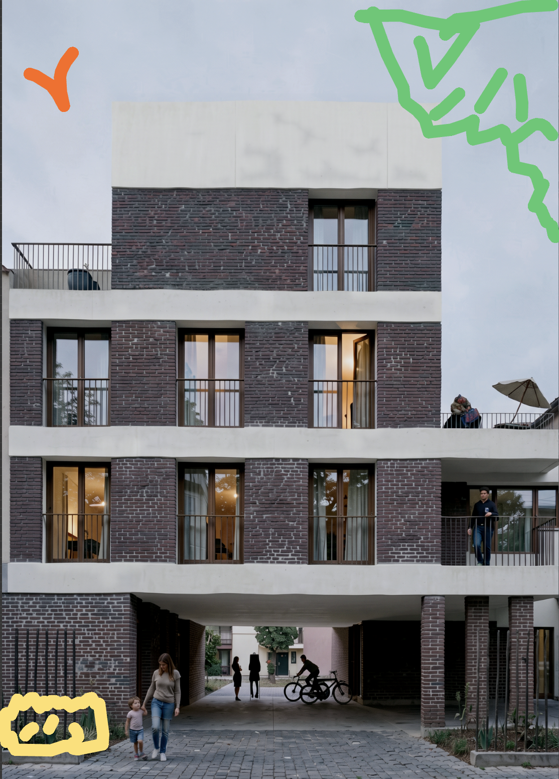 Render with orange, green and amber mark up strokes drawn onto the façade view