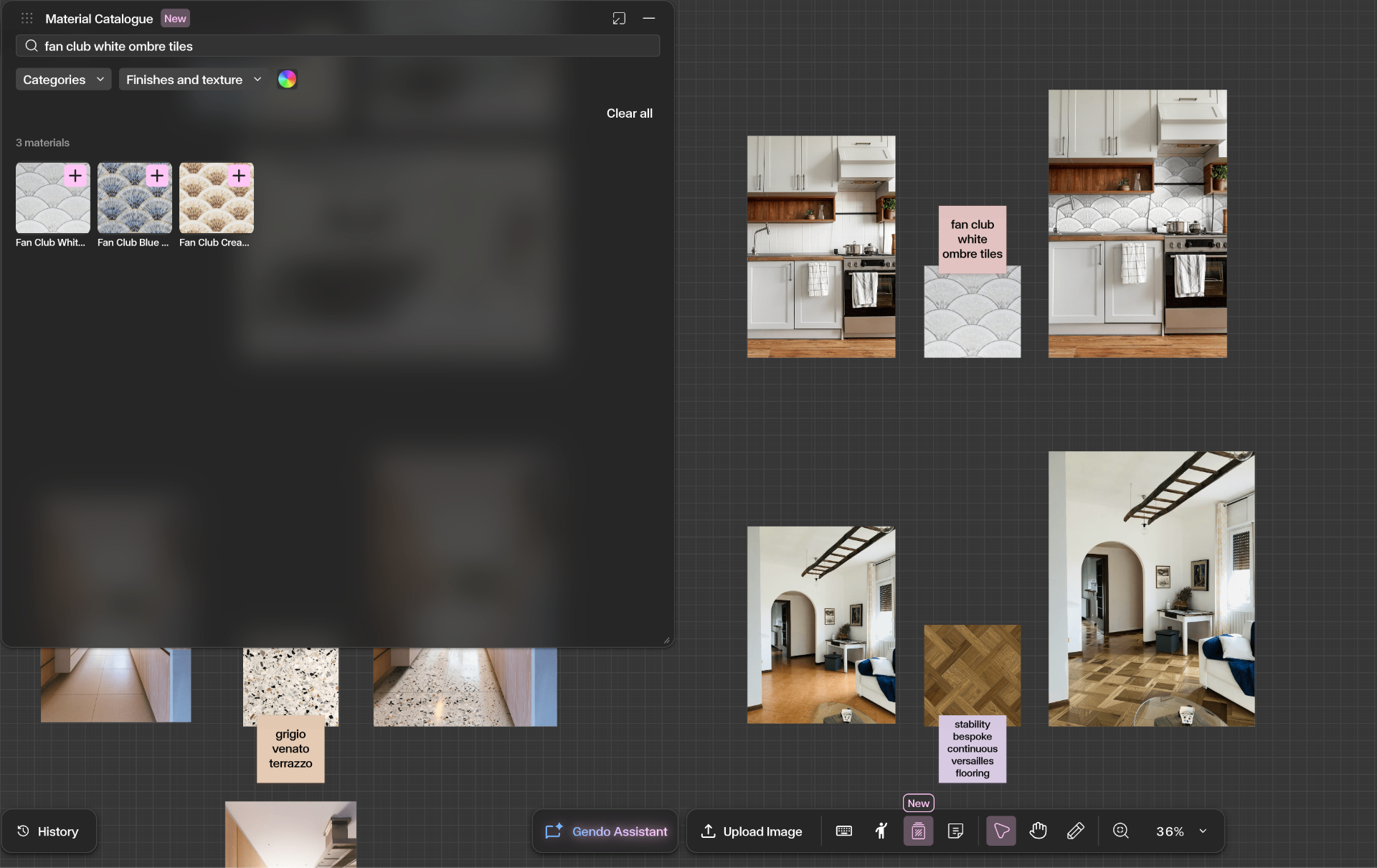 Material Bank catalogue panel open inside the Gendo Canvas, searching for fan club white ombre tiles alongside kitchen and interior moodboard references
