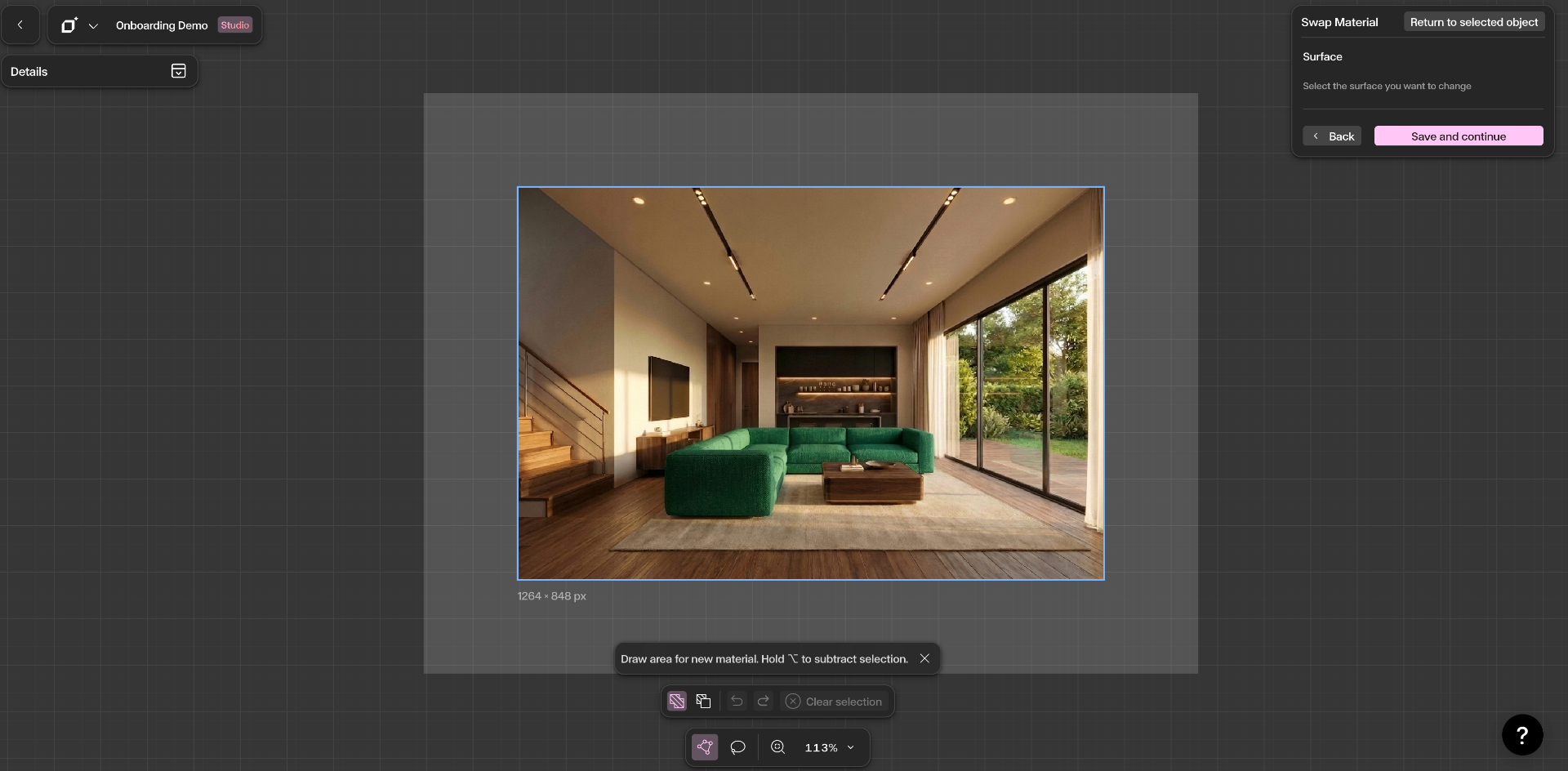 Select the image, choose Swap Material, then Select an area
