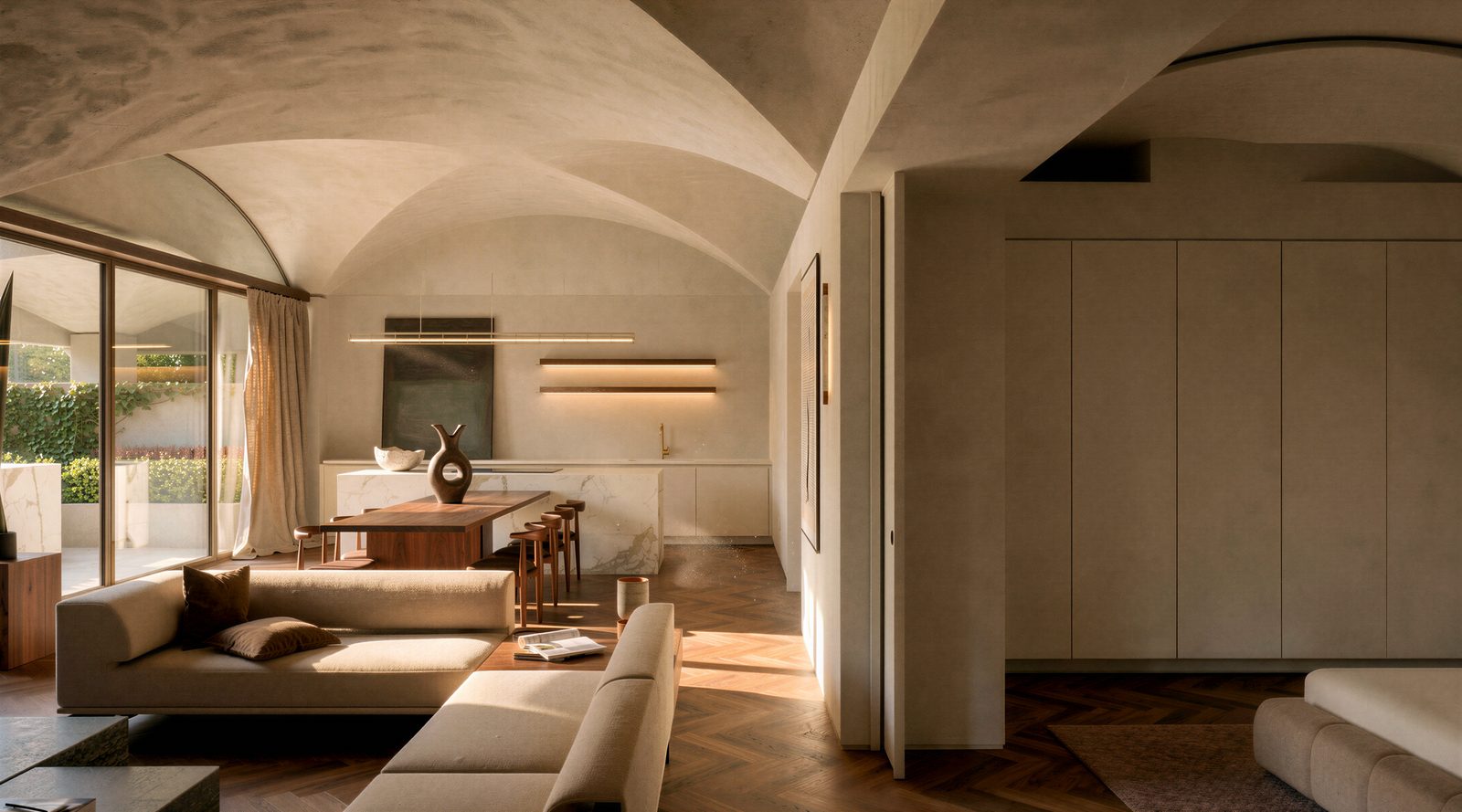 Vaulted living space with soft daylight, plaster ceilings and a linen-toned seating arrangement, visualised by Nieuw Architects