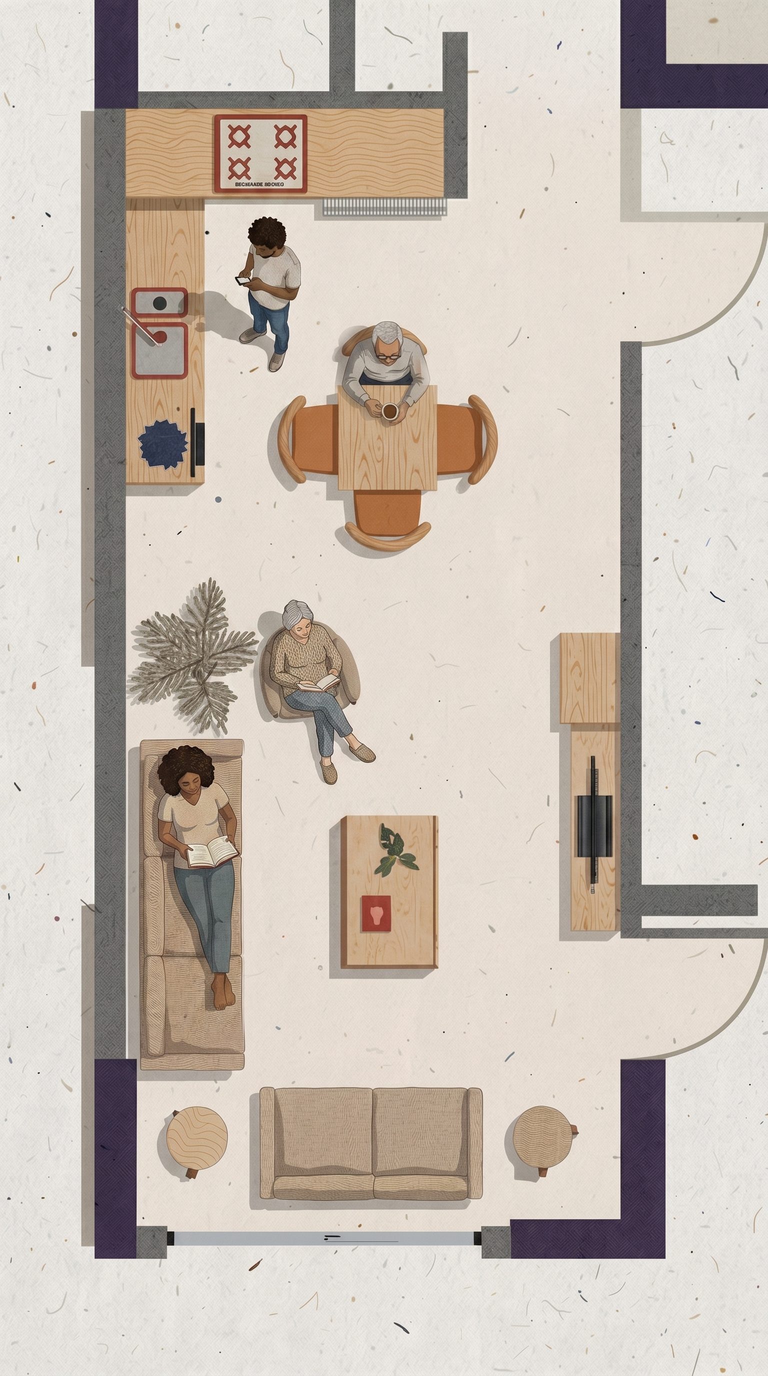 Furnished apartment plan rendered with materials, furniture and figures by PURE D.S.