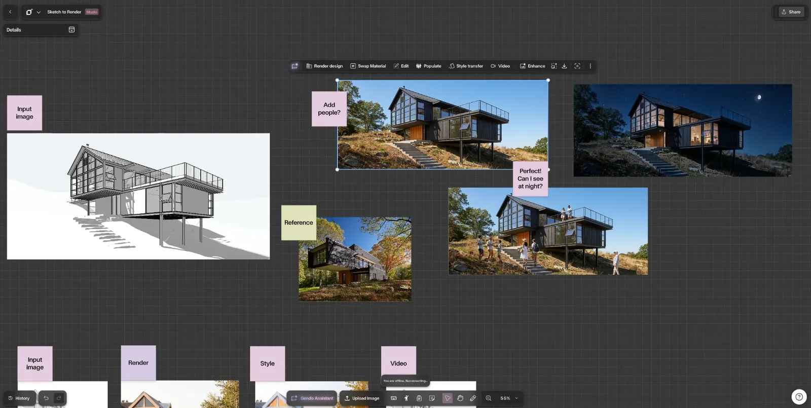 Gendo Canvas turning a hand sketch and grey model into photorealistic architectural renders