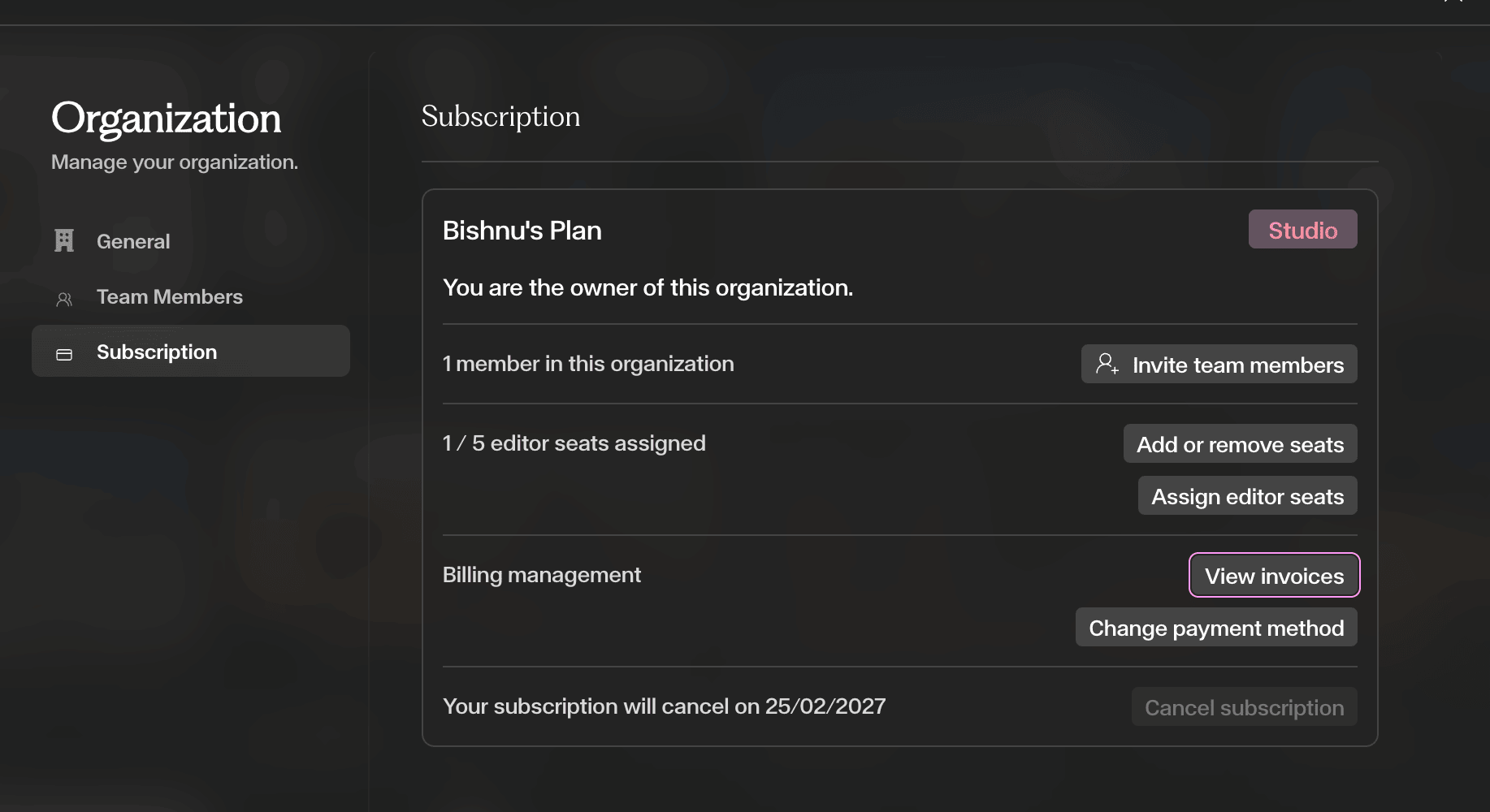 Open Subscription → Billing management