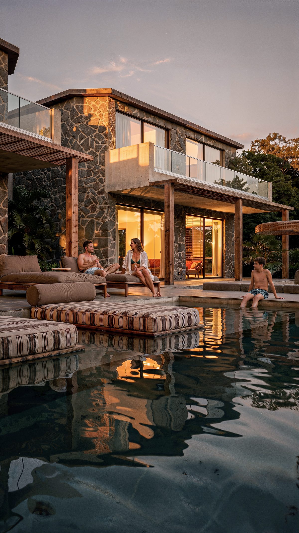 Evening poolside visualisation with figures, produced by super+plus