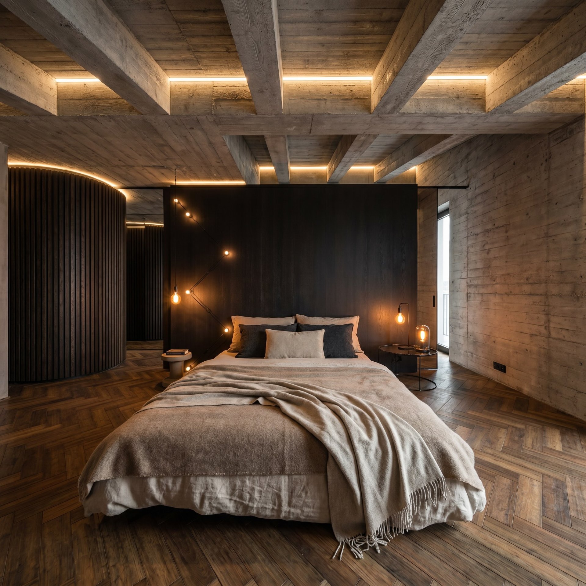 A moody industrial bedroom with exposed concrete walls and ceilings, dark timber paneling, warm ambient lighting, and rich herringbone wood flooring, creating a sophisticated and intimate atmosphere, rendered in an ultra-realistic interior visualization style with refined materials, architectural detailing, and luxury hospitality aesthetics.
