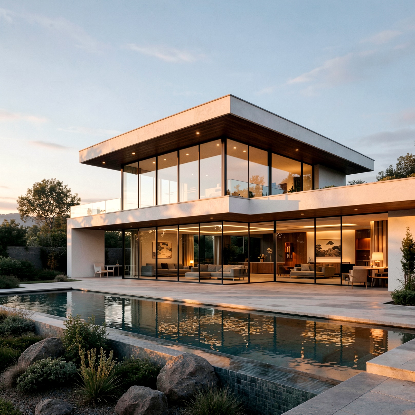 A modern luxury house with floor-to-ceiling glass, an infinity pool, and seamless indoor-outdoor living, bathed in cinematic golden-hour light, ultra-realistic and architecturally stunning.