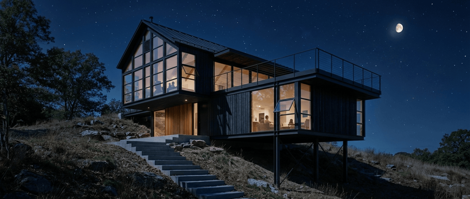 AI-generated nighttime architectural render with atmospheric lighting