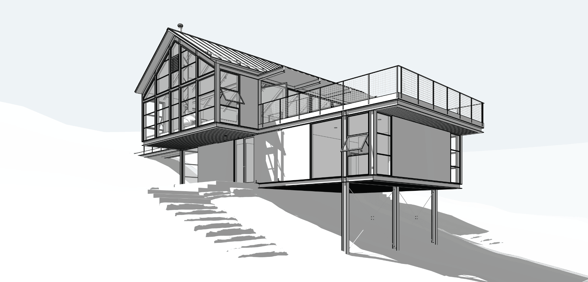 Render this SketchUp export as a photorealistic architectural visualization with warm residential materials, natural daylight, and soft interior styling.